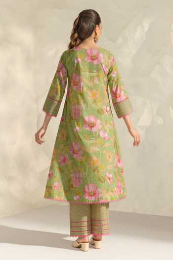 Shop_Dohr India_Green Cotton, Silk, Kota Doria V-neck Ranya Printed Kurta Set _at_Aza_Fashions