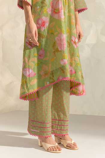 Shop_Dohr India_Green Cotton, Silk, Kota Doria V-neck Ranya Printed Kurta Set _Online_at_Aza_Fashions