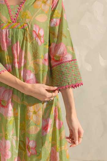 Dohr India_Green Cotton, Silk, Kota Doria V-neck Ranya Printed Kurta Set _at_Aza_Fashions