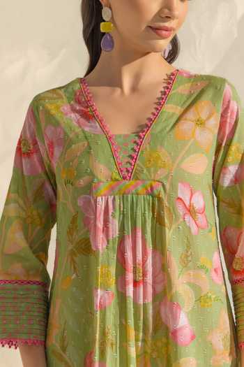 Buy_Dohr India_Green Cotton, Silk, Kota Doria V-neck Ranya Printed Kurta Set 