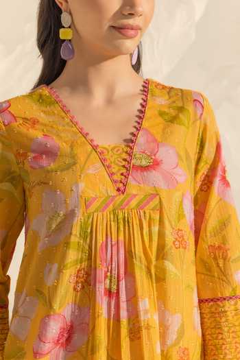 Buy_Dohr India_Yellow Cotton, Silk, Kota Doria V-neck Ranya Floral Print Kurta Set _Online_at_Aza_Fashions