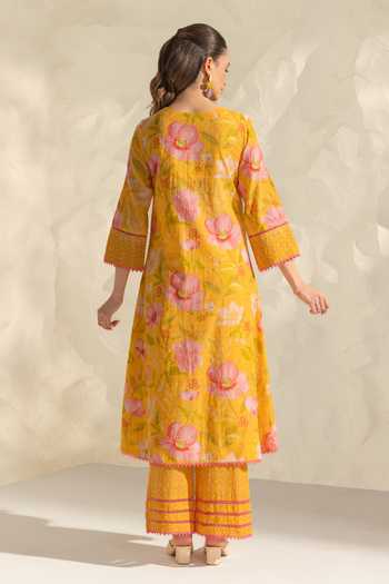 Shop_Dohr India_Yellow Cotton, Silk, Kota Doria V-neck Ranya Floral Print Kurta Set _at_Aza_Fashions