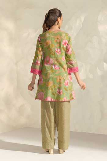 Shop_Dohr India_Green Cotton, Silk Round Neck Vanya Printed Kurta Pant Set _at_Aza_Fashions
