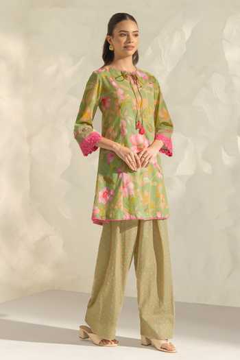 Dohr India_Green Cotton, Silk Round Neck Vanya Printed Kurta Pant Set _Online_at_Aza_Fashions