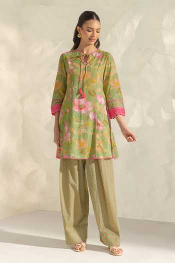 Buy_Dohr India_Green Cotton, Silk Round Neck Vanya Printed Kurta Pant Set _Online_at_Aza_Fashions
