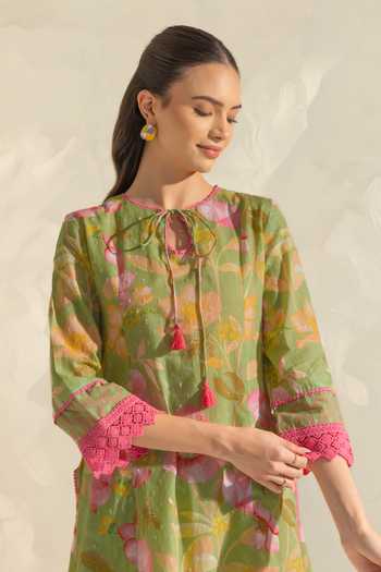 Shop_Dohr India_Green Cotton, Silk Round Neck Vanya Printed Kurta Pant Set _Online_at_Aza_Fashions