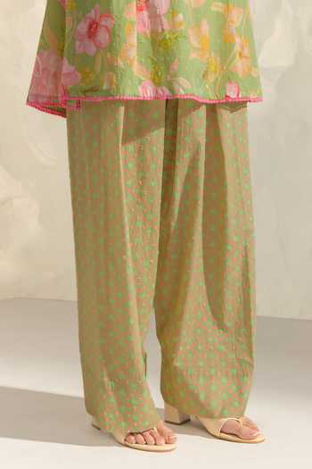Dohr India_Green Cotton, Silk Round Neck Vanya Printed Kurta Pant Set _at_Aza_Fashions