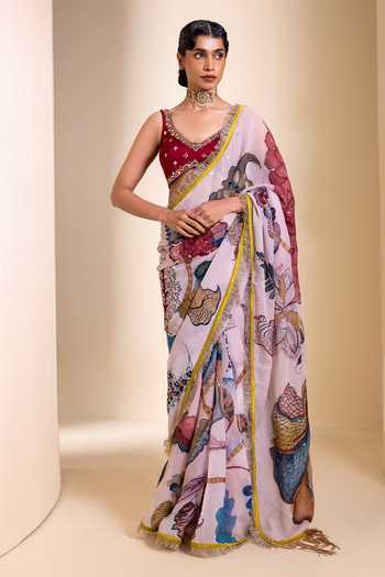 Buy_Aamra By Lavanya_Ivory Silk, Georgette Sweetheart Neck Floral Pattern Saree With Blouse _at_Aza_Fashions