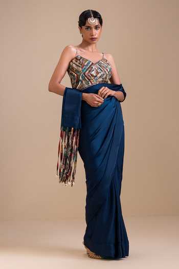 Buy_Aamra By Lavanya_Blue Silk, Satin Sweetheart Neck Embroidered Blouse With Pre-draped Saree 