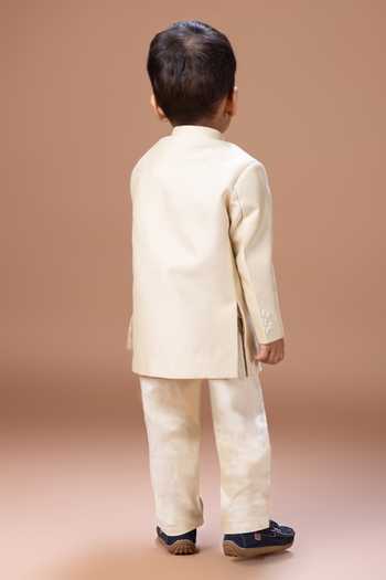 Shop_Little Brats_Beige Silk, Cotton Embroidered Sherwani Set _at_Aza_Fashions