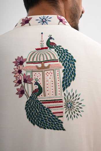 Shop_Kalpana Naik_Ivory Bemberg, Silk Embroidery Madhuban Bandhgala Set _at_Aza_Fashions