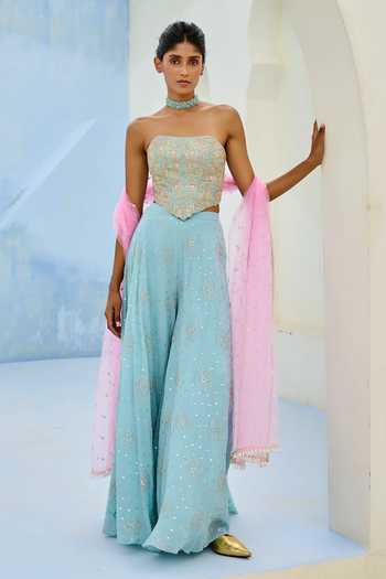Buy_Chamee & Palak_Blue Crepe, Silk, Net Sequins, Embroidery Suhana Corset And Flared Pant Set 