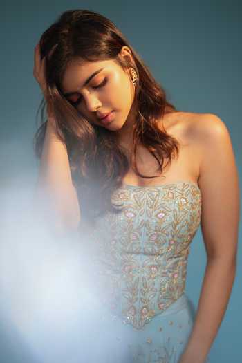 Chamee & Palak_Blue Crepe, Silk, Net Sequins, Embroidery Suhana Corset And Flared Pant Set _Online