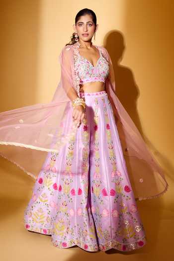Buy_Chamee & Palak_Pink Dupion, Silk Embroidery Split V-neck Ghazal Tulle Cape And Pant Set 
