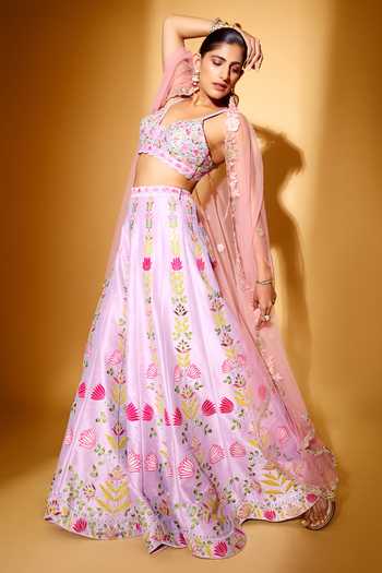 Shop_Chamee & Palak_Pink Dupion, Silk Embroidery Split V-neck Ghazal Tulle Cape And Pant Set 