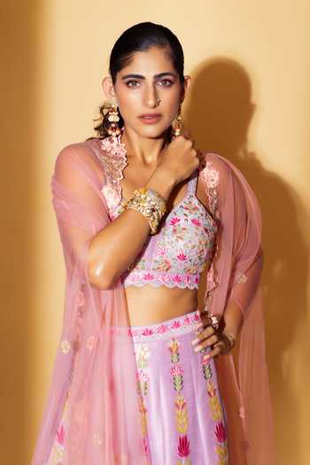 Chamee & Palak_Pink Dupion, Silk Embroidery Split V-neck Ghazal Tulle Cape And Pant Set _Online