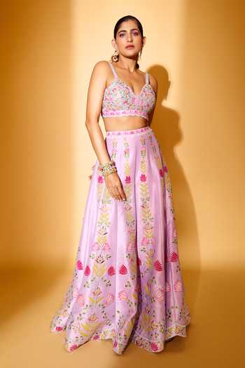 Buy_Chamee & Palak_Pink Dupion, Silk Embroidery Split V-neck Ghazal Tulle Cape And Pant Set _Online