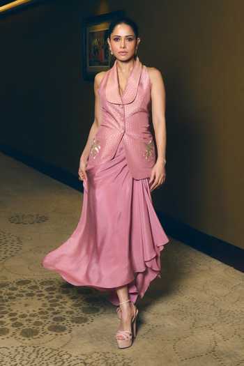 Buy_Chamee & Palak_Pink Tissue, Silk, Crepe Embroidery Ziya Blazer And Skirt Set 