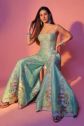 Chamee & Palak_Green Dupion, Silk, Net Sequins, Embroidery Square Neck Meher Corset And Pant Set _at_Aza_Fashions