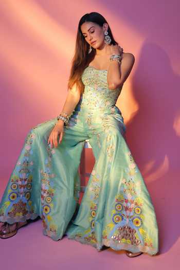Buy_Chamee & Palak_Green Dupion, Silk, Net Sequins, Embroidery Square Neck Meher Corset And Pant Set 