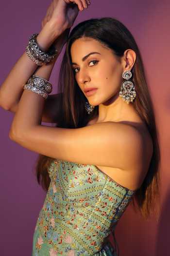Chamee & Palak_Green Dupion, Silk, Net Sequins, Embroidery Square Neck Meher Corset And Pant Set _Online