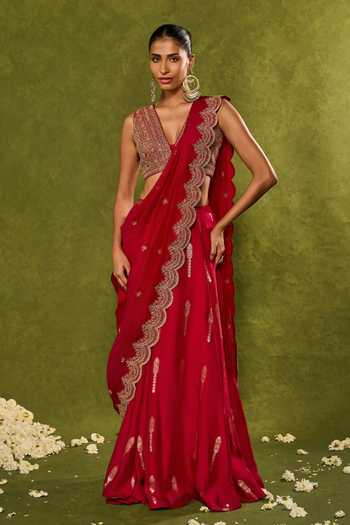 Chamee & Palak_Red Silk, Organza Sequins, Pearls, Amal Jamewar Pre-draped Lehenga Saree Set _Online