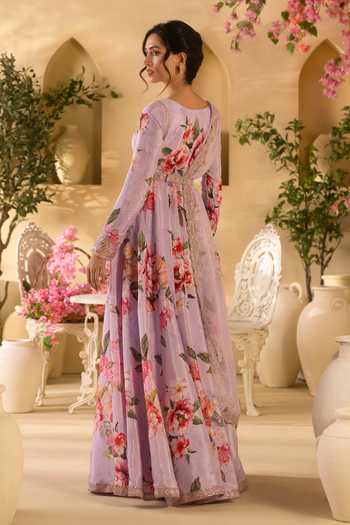 Shop_Lashkaraa_Lilac Georgette, Satin, Viscose Floral Print Pastel Anarkali With Dupatta  _at_Aza_Fashions