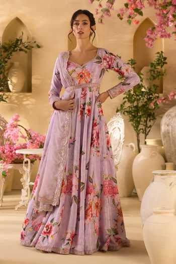 Buy_Lashkaraa_Lilac Georgette, Satin, Viscose Floral Print Pastel Anarkali With Dupatta  _at_Aza_Fashions