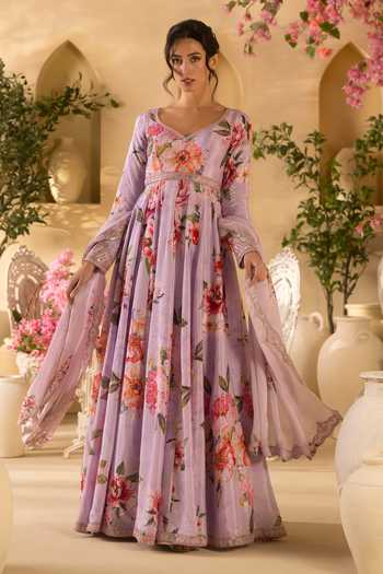 Lashkaraa_Lilac Georgette, Satin, Viscose Floral Print Pastel Anarkali With Dupatta  _Online_at_Aza_Fashions