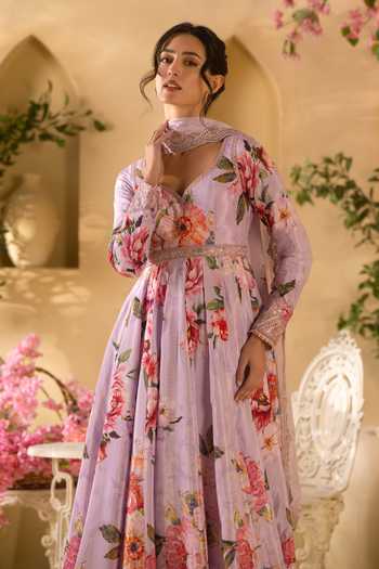 Buy_Lashkaraa_Lilac Georgette, Satin, Viscose Floral Print Pastel Anarkali With Dupatta  _Online_at_Aza_Fashions