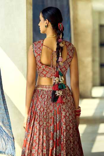 Samyukta Singhania_Maroon Organza, Satin, Viscose, Modal Zari V-neck Ikat Print Pleated Lehenga Set _Online_at_Aza_Fashions