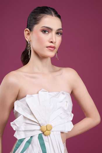 Buy_Naintara Bajaj_Beige Linen Bandeau Neck 3d Floral Applique Top With Skirt _Online_at_Aza_Fashions
