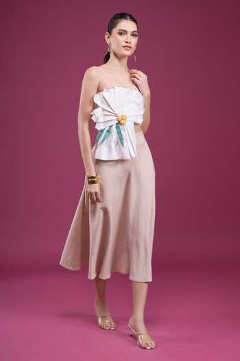 Buy_Naintara Bajaj_Beige Linen Bandeau Neck 3d Floral Applique Top With Skirt _at_Aza_Fashions