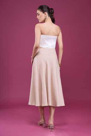 Naintara Bajaj_Beige Linen Bandeau Neck 3d Floral Applique Top With Skirt _Online_at_Aza_Fashions