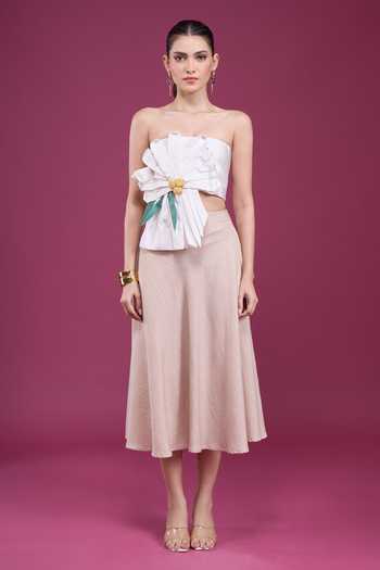 Naintara Bajaj_Beige Linen Bandeau Neck 3d Floral Applique Top With Skirt _at_Aza_Fashions