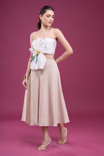 Buy_Naintara Bajaj_Beige Linen Bandeau Neck 3d Floral Applique Top With Skirt 