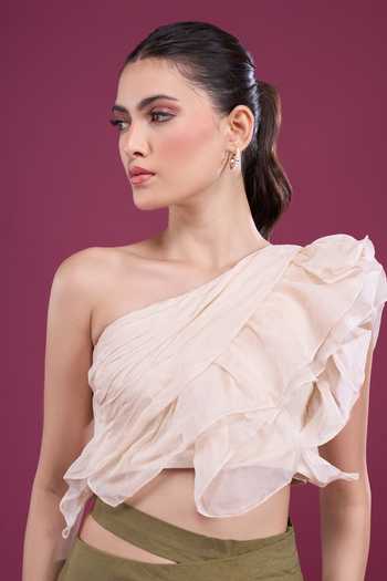 Buy_Naintara Bajaj_Yellow Linen One Shoulder Ruffled Top And Skirt Set _Online_at_Aza_Fashions