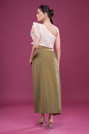 Naintara Bajaj_Yellow Linen One Shoulder Ruffled Top And Skirt Set _Online_at_Aza_Fashions