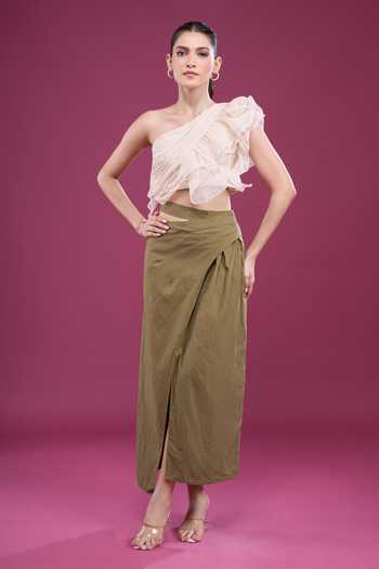 Shop_Naintara Bajaj_Yellow Linen One Shoulder Ruffled Top And Skirt Set _Online_at_Aza_Fashions