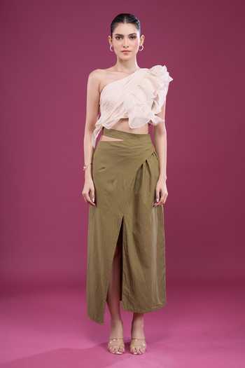 Naintara Bajaj_Yellow Linen One Shoulder Ruffled Top And Skirt Set _at_Aza_Fashions
