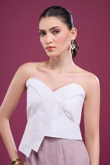 Buy_Naintara Bajaj_White Linen Sweetheart Neck Asymmetric With Skirt _Online_at_Aza_Fashions
