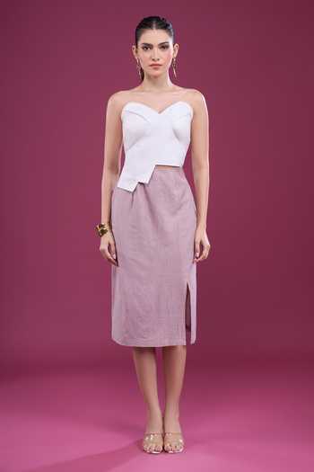 Buy_Naintara Bajaj_White Linen Sweetheart Neck Asymmetric With Skirt 