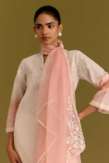 Shop_Devnaagri_Pink Silk, Chanderi, Organza V-neck, Yes Embroidered Kurta Set _Online_at_Aza_Fashions
