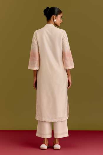 Shop_Devnaagri_Pink Silk, Chanderi, Organza V-neck, Yes Embroidered Kurta Set _at_Aza_Fashions