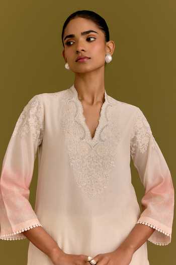 Devnaagri_Pink Silk, Chanderi, Organza V-neck, Yes Embroidered Kurta Set _at_Aza_Fashions
