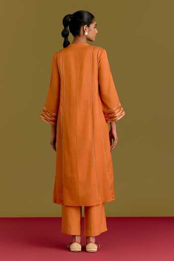 Shop_Devnaagri_Orange , Cotton, Satin, Satin, Shantoon Split Contrast Yoke Kurta Set _at_Aza_Fashions