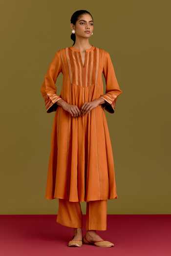 Devnaagri_Orange , Cotton, Satin, Satin, Shantoon Split Contrast Yoke Kurta Set _Online_at_Aza_Fashions