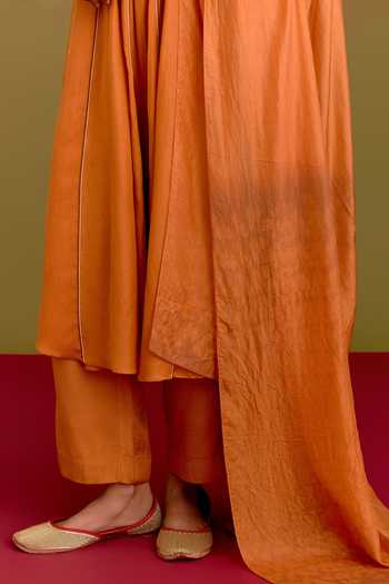 Buy_Devnaagri_Orange , Cotton, Satin, Satin, Shantoon Split Contrast Yoke Kurta Set _Online_at_Aza_Fashions