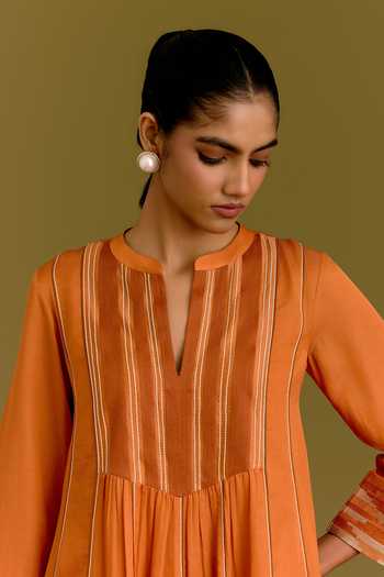 Devnaagri_Orange , Cotton, Satin, Satin, Shantoon Split Contrast Yoke Kurta Set _at_Aza_Fashions