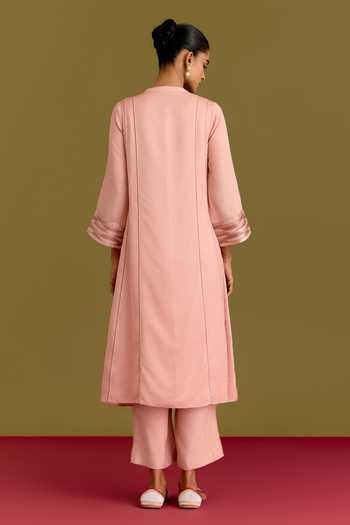 Shop_Devnaagri_Blush Silk, Cotton, Satin, Shantoon Keyhole Neck Contrast Yoke Kurta Set _at_Aza_Fashions